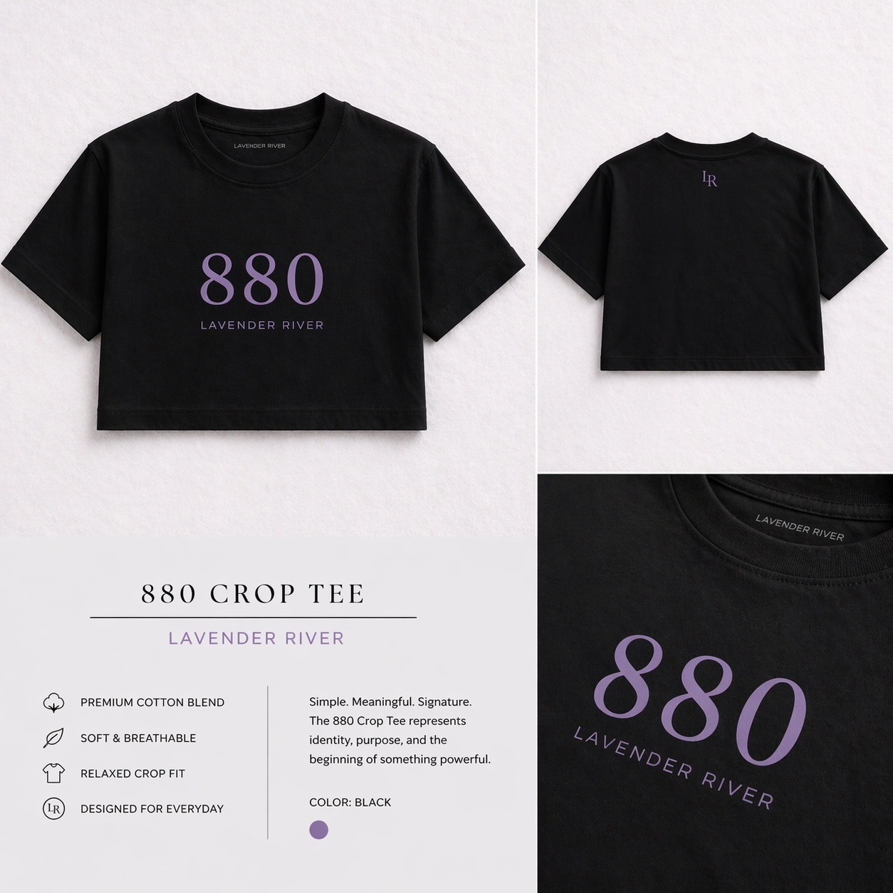 Black 880 cropped tee, front and back views