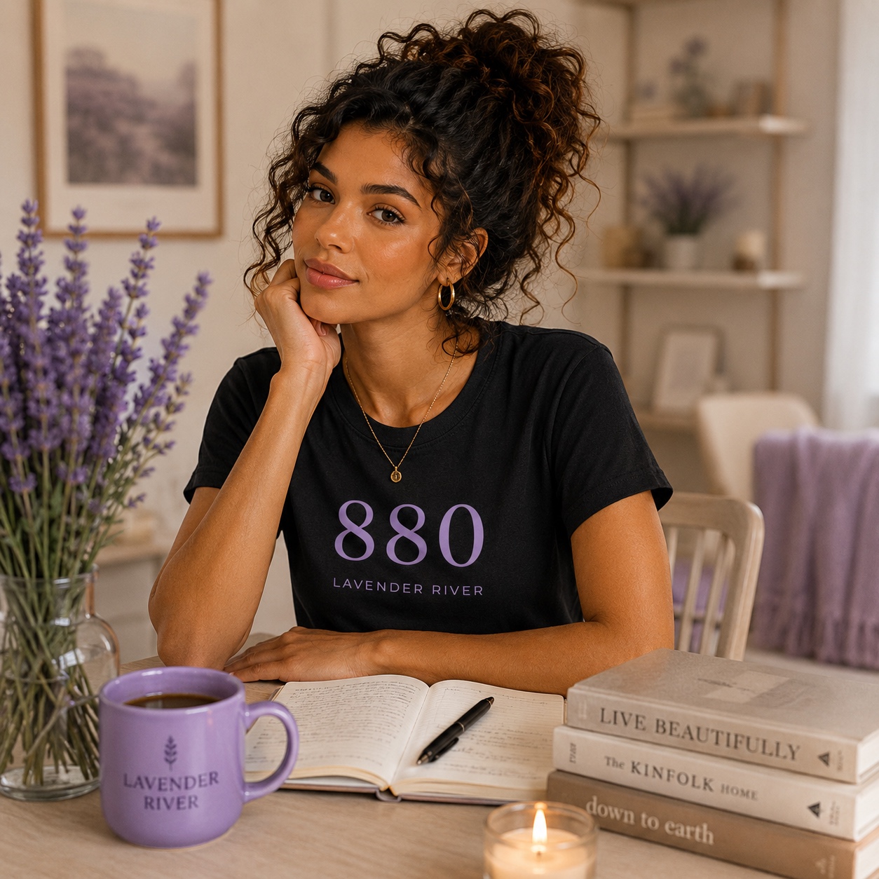Model wearing the 880 tee at a styled table with a Lavender River mug, fresh lavender, journal, and a lit candle