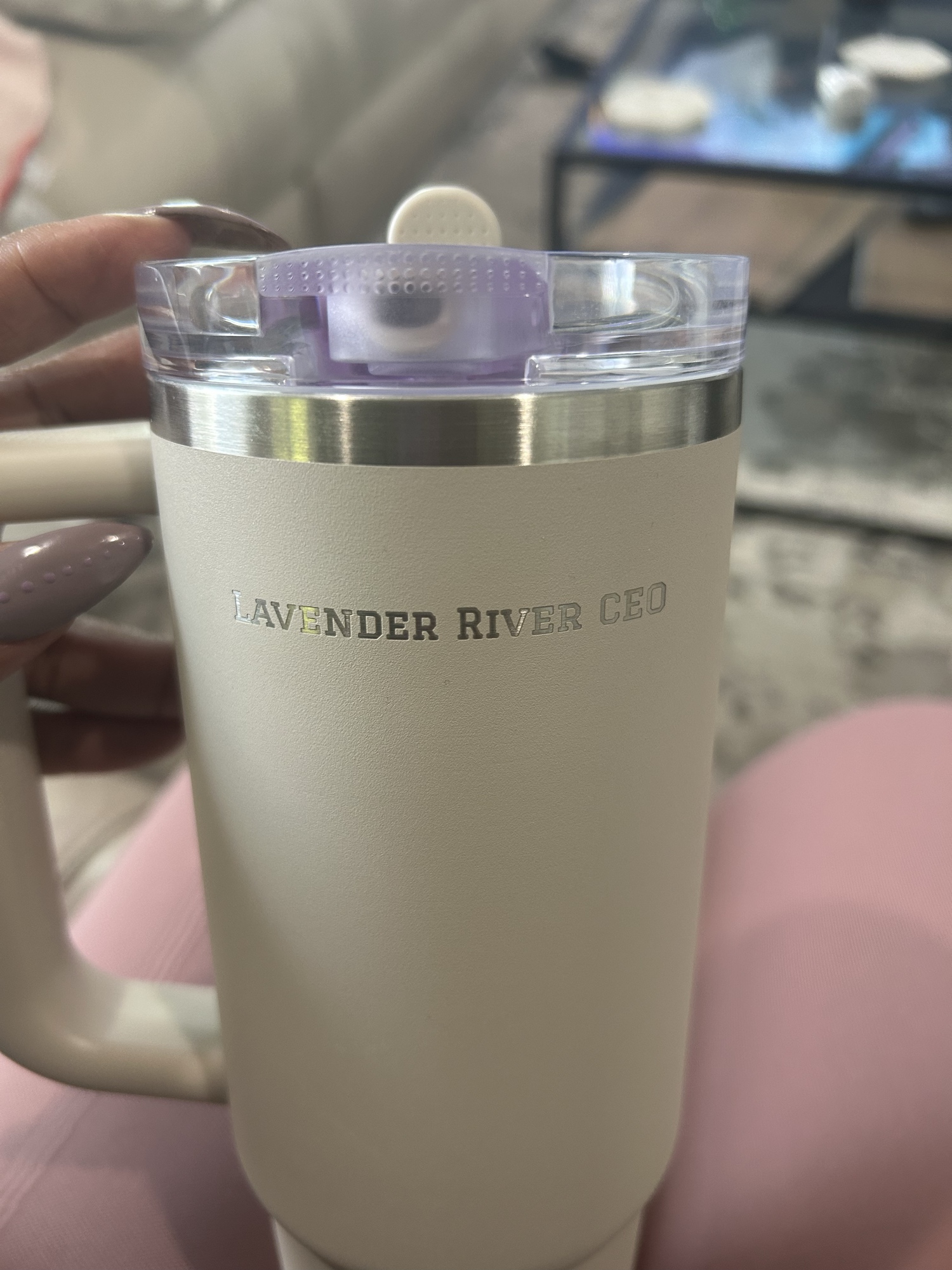 Cream Lavender River CEO insulated tumbler with lavender accent lid