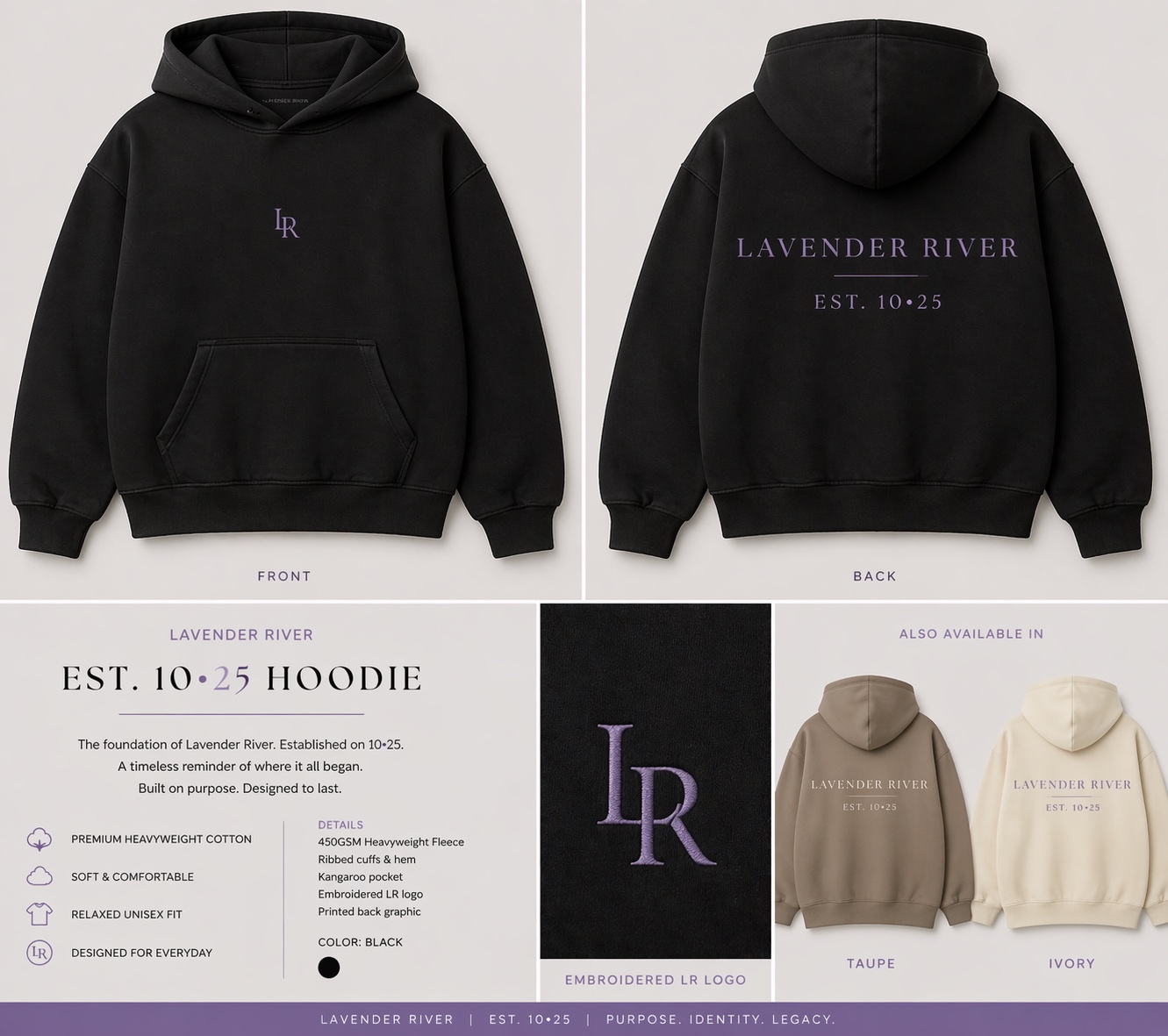 Est. 10·25 hoodie in black with embroidered LR logo on front and Lavender River wordmark on back