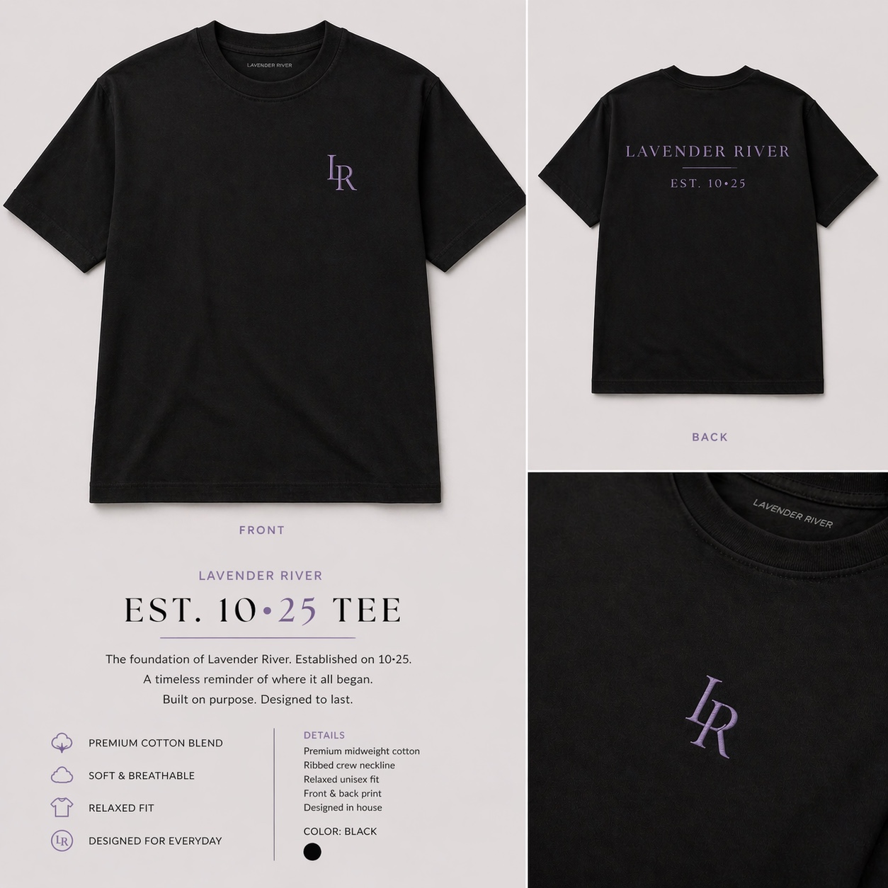 Est. 10·25 tee in black with embroidered LR logo on front and Lavender River wordmark on back
