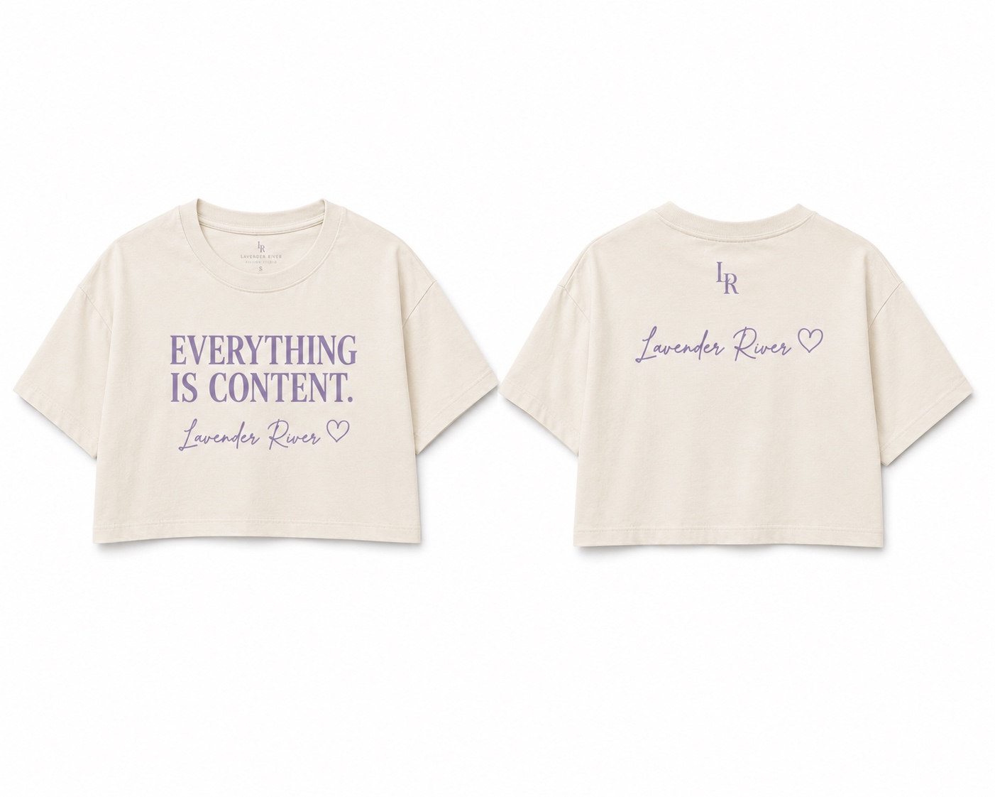 Cropped fit of the Everything Is Content tee in cream with lavender print