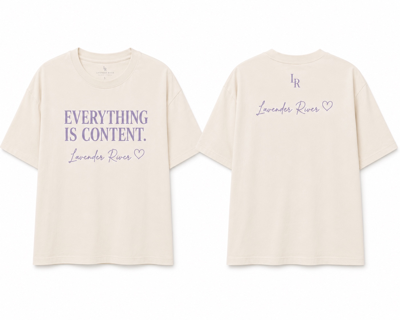 Cream tee with lavender text reading EVERYTHING IS CONTENT and Lavender River script