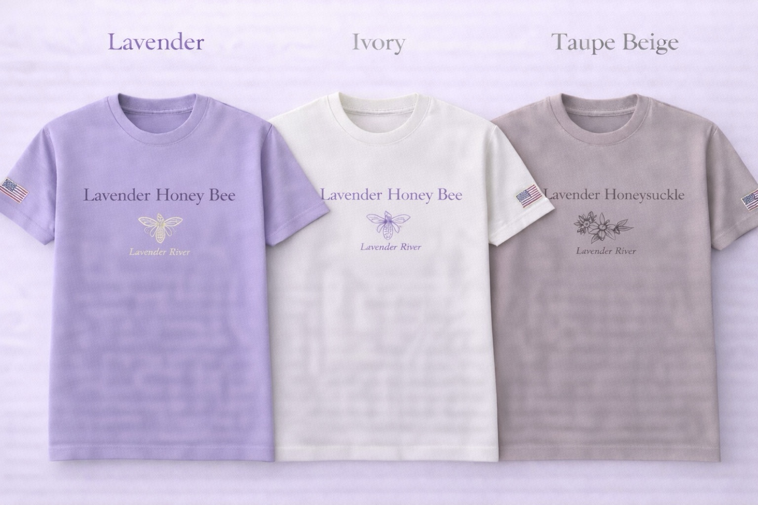 Lavender Honey Bee and Honeysuckle tees in lavender, ivory, and taupe beige with botanical illustrations