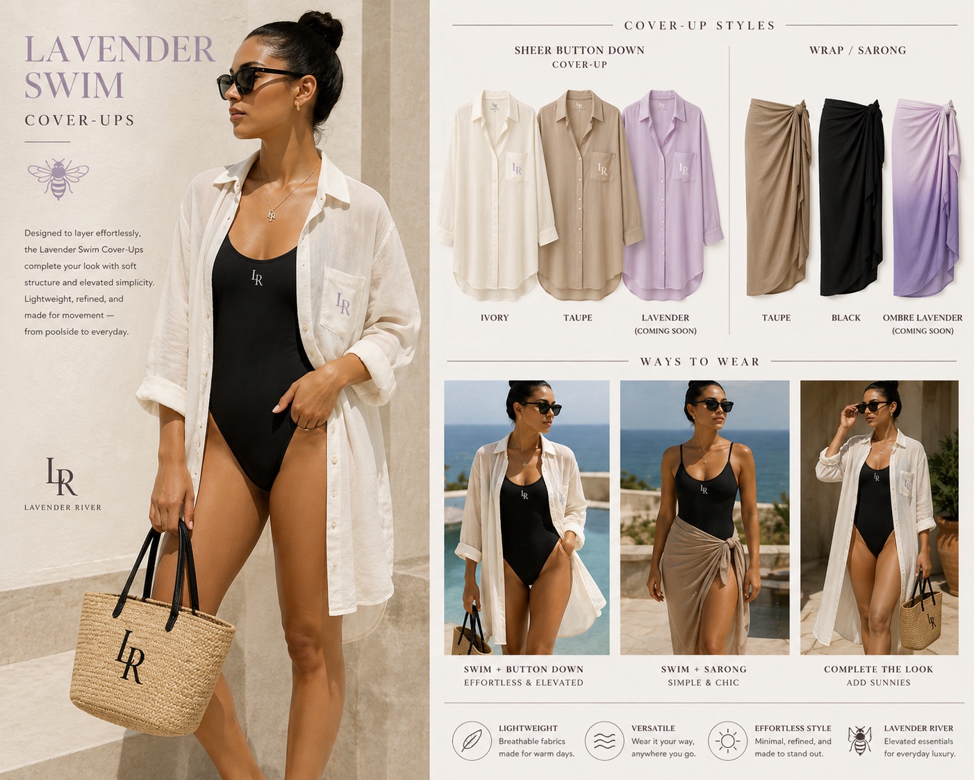 Lavender Swim cover-up styling — sheer button-down and sarong over a black LR swimsuit, with cap and woven LR tote
