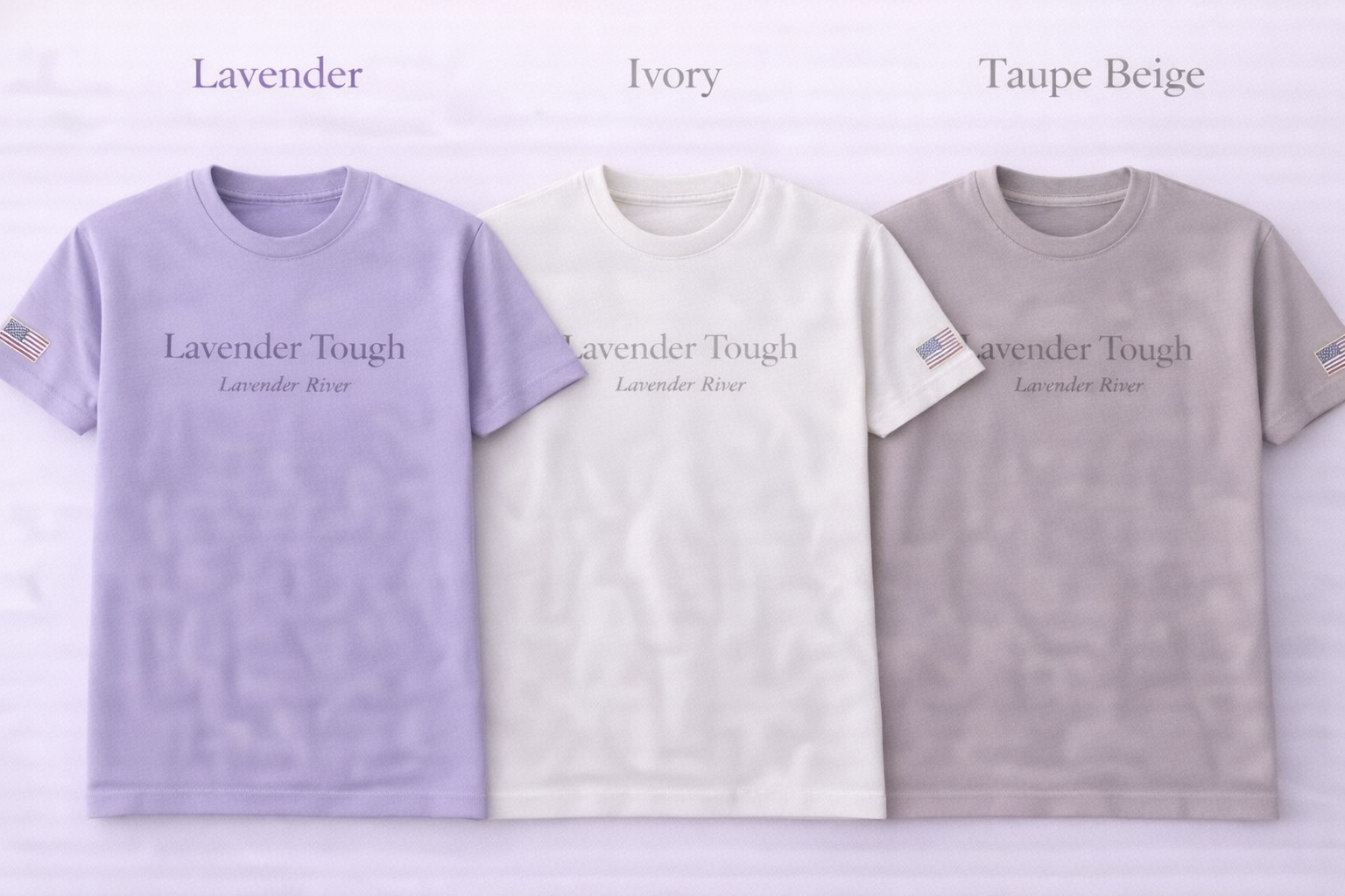 Lavender Tough tees in lavender, ivory, and taupe beige with US flag patch on the sleeve