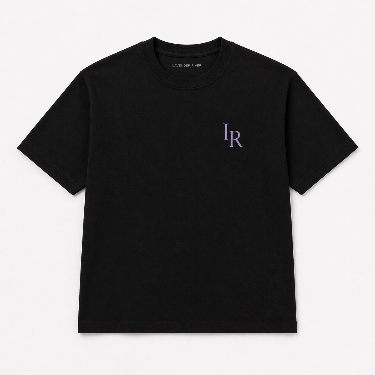 Black tee with small lavender embroidered LR monogram on the chest