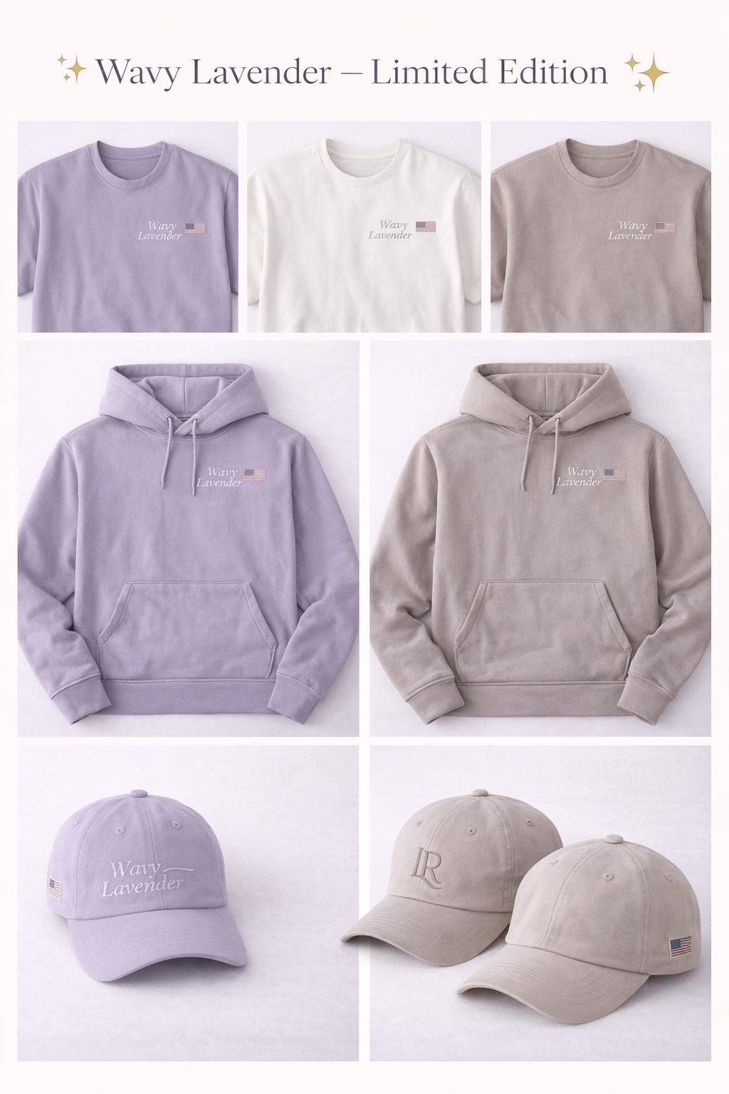 Wavy Lavender Limited Edition full collection — tees, hoodies, and cap