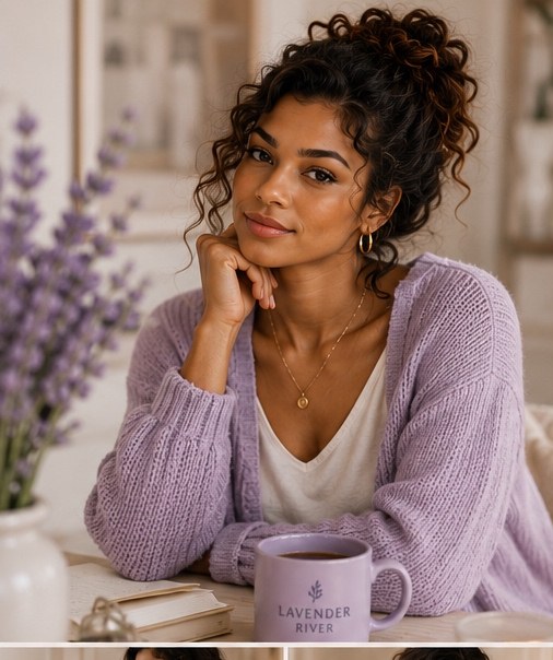 Ameya, the AI Digital Lead for Lavender River, in a lavender cardigan with a Lavender River mug