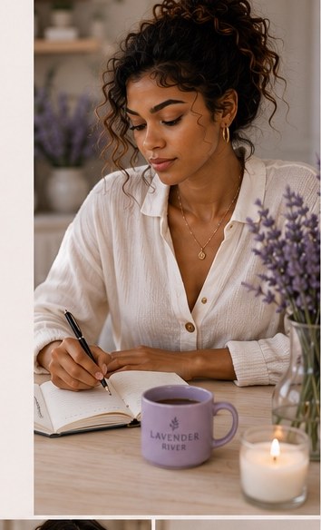Ameya writing in a journal at her desk, surrounded by fresh lavender
